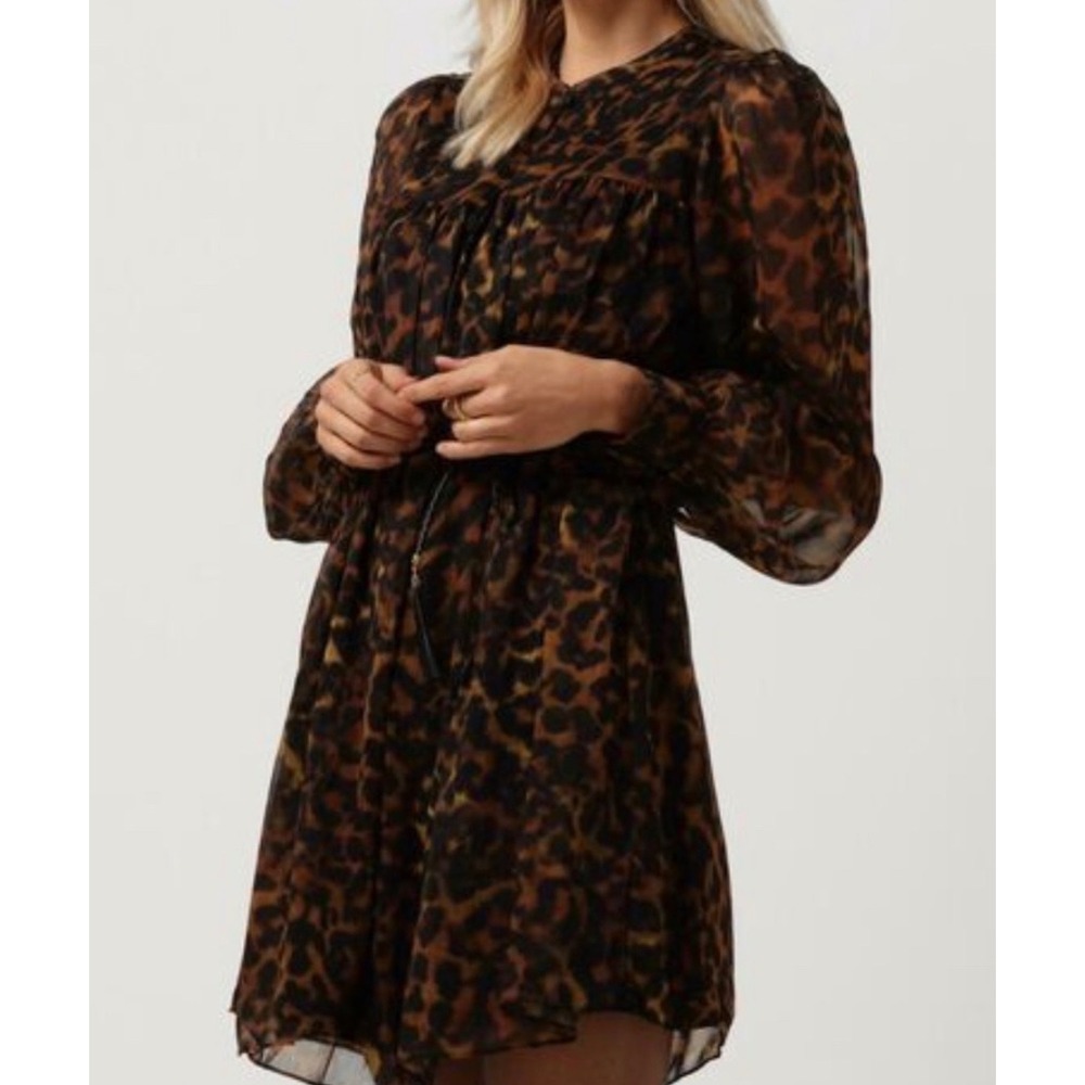 Guess L Women Sheer Animal Print Long Sleeve Babydoll Dress Wild Statement Party
